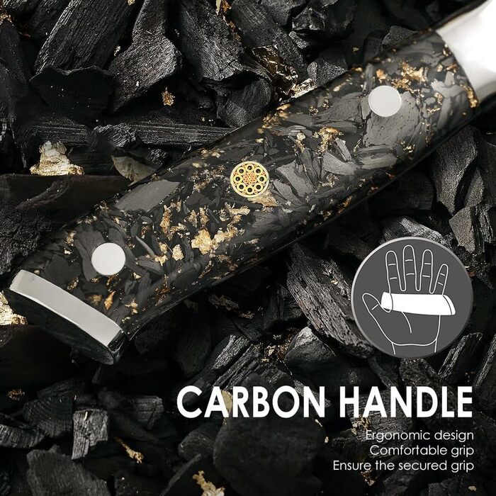Японський ніж Santoku Kyushublade з дамаської сталі (67 шарів), з унікальною ручкою з карбону та золота, професійний кухонний ніж