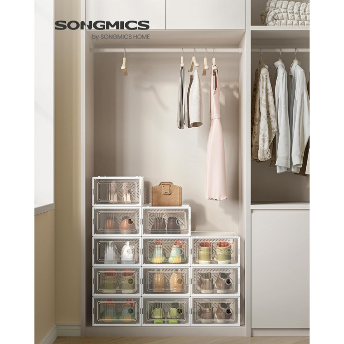 Набір пластикових контейнерів для взуття SONGMICS (12 шт), складані та штабельні коробки для зберігання взуття до 43 розміру, прозоро-білі, LSP106B18V2