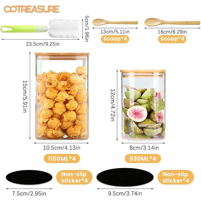 Cotreasure Storage Jars with Lids, 1150 ml x 530 ml Storage Jars with Lids, Airtight, Glass Containers, Spaghetti Storage, Spice Jars (42 Set)
