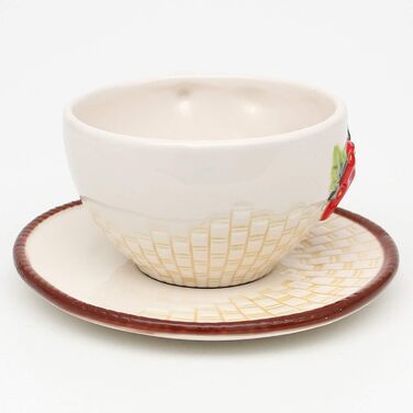 Dolomite coffee cup and saucer set with strawberry relief, size approximately 15.5 x 11 x 6.5 cm, cup with saucer, set of 6