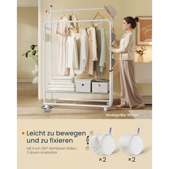 Стойка для одежды SONGMICS HOME на колесах, гардеробна стійка з 2 перекладинами, полиця, бічний органайзер, гачки у формі сірника, стабільна, для спальні, передпокою, HSR171B01 (50T x 189,6H cm, Матовий)