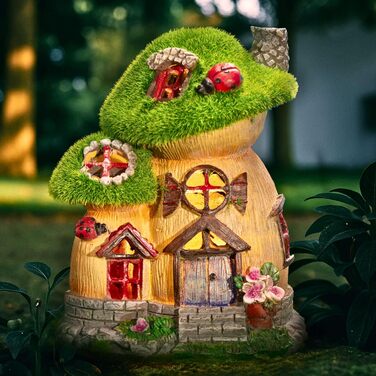 TERESA'S COLLECTIONS Outdoor Garden Decor, Garden Decoration, Fairy House Garden Decor, fairy garden, Mushroom, made of resin, with solar lamp, Green, Balcony, Autumn decor, Autumn Decoration, 16cm