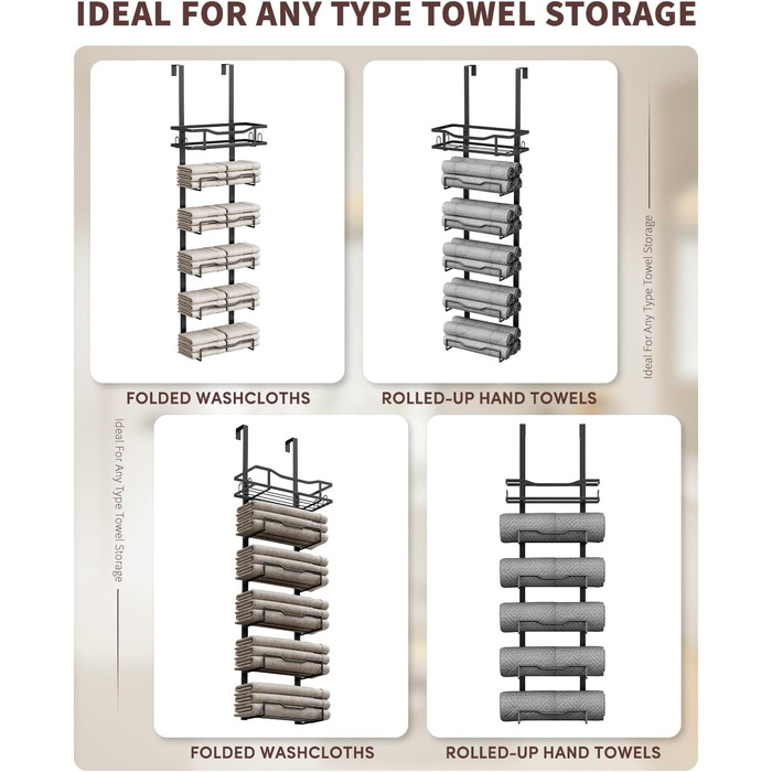 Настінний тримач для рушників у ванну кімнату, без свердління, 6-ступенева наддверна полиця для рушників, багаторівневий органайзер для рушників на двері, чорний, великий