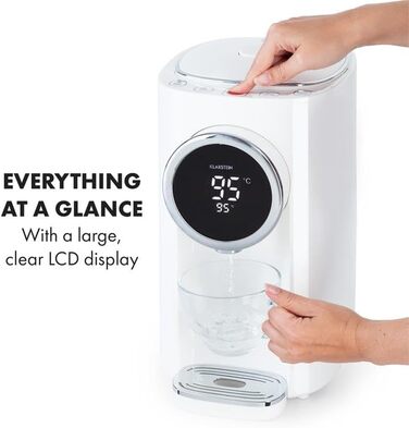 Klarstein Hot Spring Plus Hot Water Dispenser, Water Tank: 5 Liters, Large LCD Display, Temperatures: 45-95 °C, Stainless Steel Water Tank, Dry-Run & Overheat Protection, Child Lock, (White)