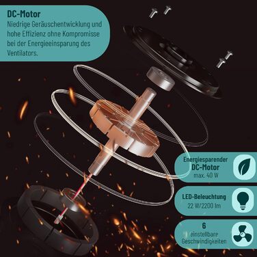 Стеляний вентилятор Noaton® Fornax Weiß з підсвічуванням, діаметр 132 см, DC мотор 40 Вт, диммований LED модуль 22 Вт, 3 колірні температури, пульт дистанційного керування, таймер, повітряний потік до 185 м³/хв.