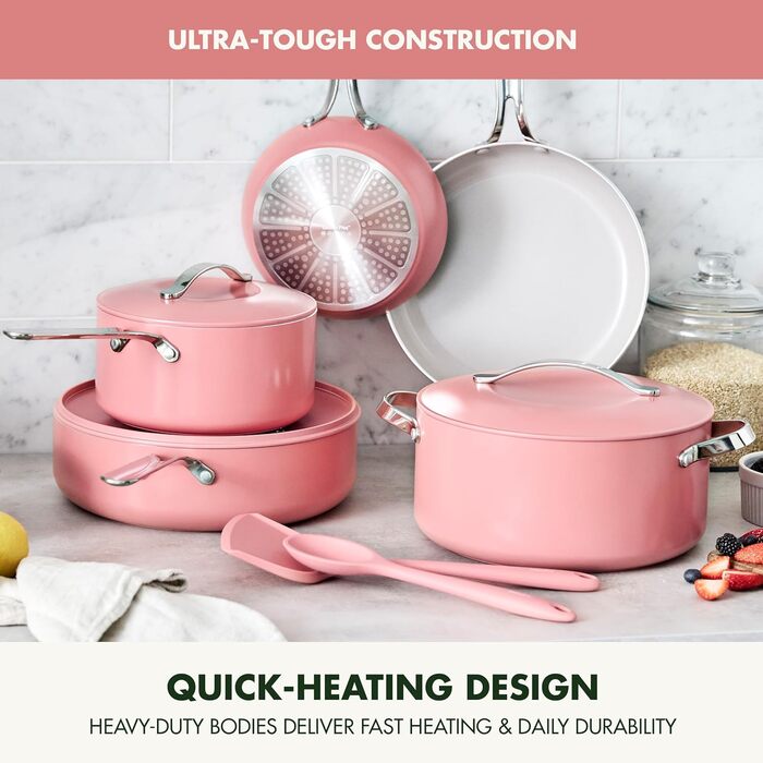 Набір кухонного посуду GreenPan Nova 10 предметів: каструлі, сковорідки, кришки, коралловий, антипригарне покриття без PFAS