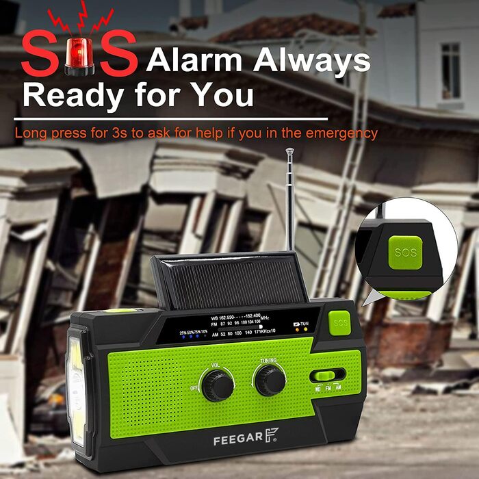 Радіо сонячне аварійне Feegar Oze 2 Pro з ручним заводом, AM/FM, ліхтарик LED, SOS, Powerbank 4000mAh