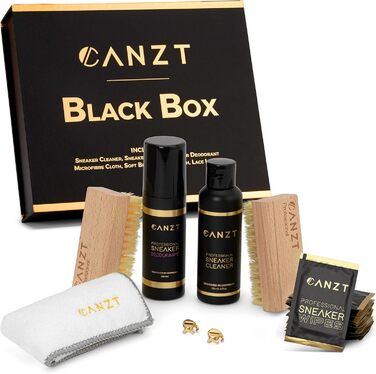 Canzt Sneaker Cleaning Set Black Box Premium Shoe Care Set for Suede, Nubuck, Leather & Canvas – Incl. Sneaker Cleaner, Cloth, Shoe Brushes, Sneaker Wipes & Deo