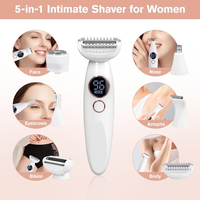 Електричний жіночий тример Carehabi 5-в-1 для тіла, обличчя та бікіні. Вологостійкий (IPX7) з USB-станцією.