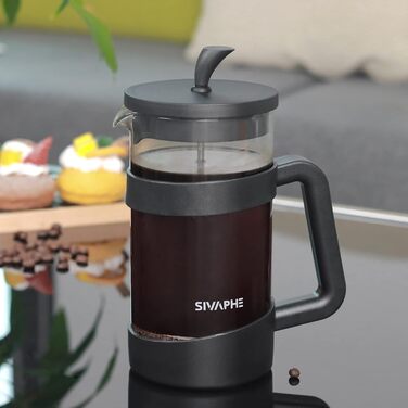 Френч-прес Sivaphe 1000 мл, чорний: кавоварка з тришаровим фільтром, термостійке скло, ложка
