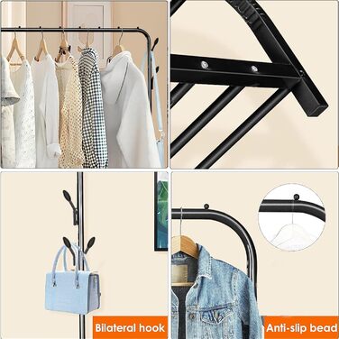 Стійка для одягу на підлозі, чорна, з полицею для взуття та нижньою полицею, металева, для спальні