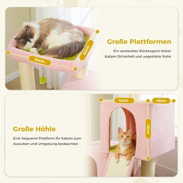 PETEPELA Scratching Post with Dual Condos for Apartment Cats, All-in-One Cat House with Padded Perch, Scratch Ramp and Posts, and Replaceable Balls (Pink, L 113cm)