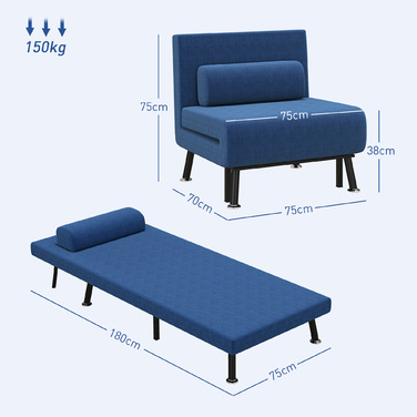 HOMCOM Sleeper Chair, Folding Bed with Bed Function, Back Cushion, Folding Recliner Chair with Linen Look, Adjustable Backrest, 75 x 70 x 75 cm, Dark Blue | Aosom