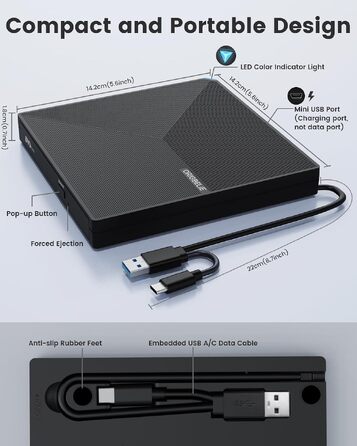 Зовнішній DVD-привід ORIGBELIE USB 3.0 та Type-C, портативний DVD-записувач для ноутбука та ПК