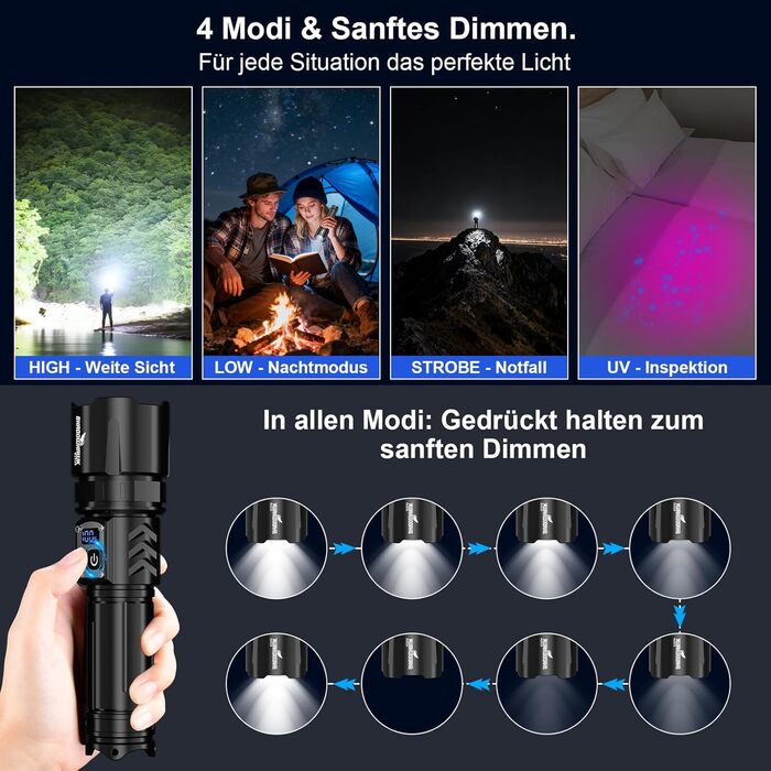 Ліхтар Shadowhawk 2-в-1 LED/UV, акумуляторний, 500000 люмен. Ідеально для інспекції, кемпінгу та відпочинку на природі. З регулюванням яскравості та UV-режимом.