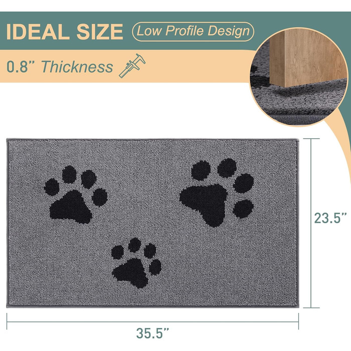 Килимок вхідний Mibao 60 x 90 см, протибрудною та протиковзаючий килим для входу та задніх дверей, що миється в машині, м'який килимок для лап та взуття, сірий