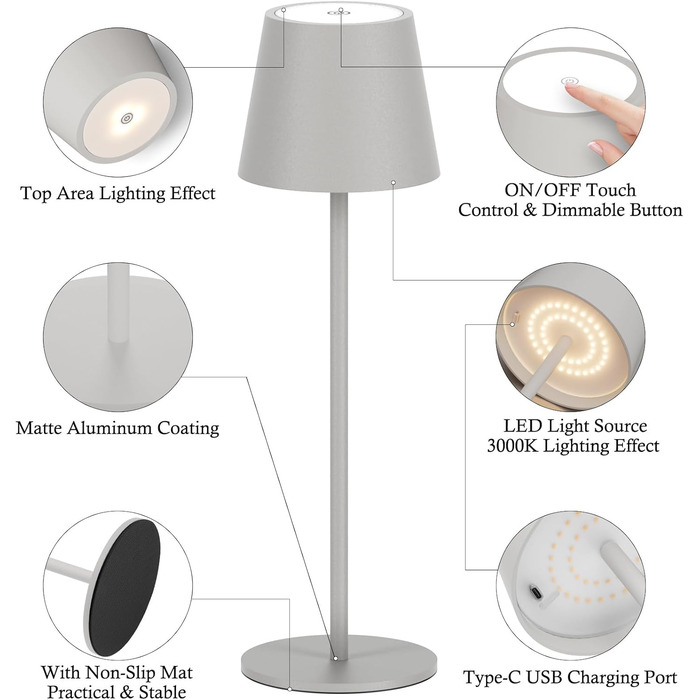 LED-лампа Klighten 2 шт. на акумуляторі, сірого кольору, диммування, бездротова, перезаряджувана, тепле світло 3000K, для дому та вулиці, USB-C, алюміній, IP54, вологостійка, сіра