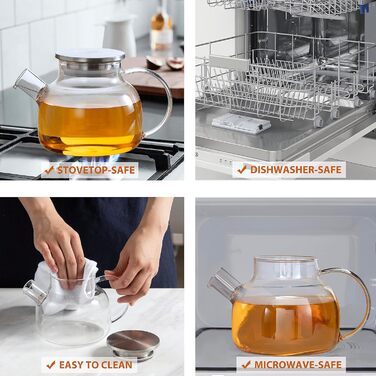 Скляна чайник CnGlass з ситечком, стійкий до плити, 900мл, з нержавіючою кришкою