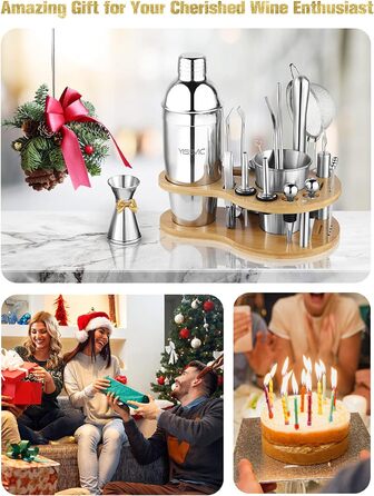 Набір для коктейлів YISSVIC 22 частини: шейкер, мірні склянки, ложка, наливник, підставка з бамбука. Подарунок для професіоналів та початківців