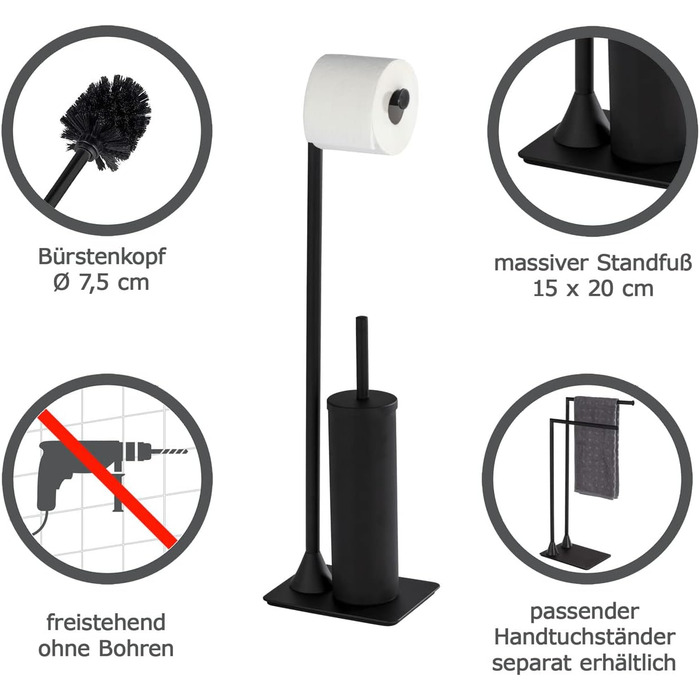 Набір для туалету WENKO Hella: тримач туалетного паперу та щітка для унітазу, пофарбований сталь, 15 x 69 x 20 см, матовий білий (чорний)