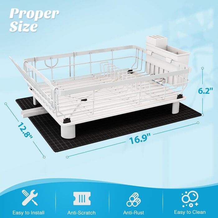 Сушарка для посуду MAJALiS 2-ярусна з піддоном та килимком, з тримачем для столових приборів, чорна (біло-чорна)