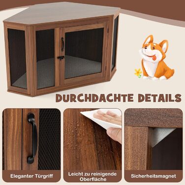 Будка для собак COSTWAY кутова, переноска з дверцятами та подушкою, крізь для домашніх тварин у стилі меблів для маленьких собак та котів, клітка для тварин, будка для собак, будинку для тварин, коричнева, 114 x 60 x 68 см