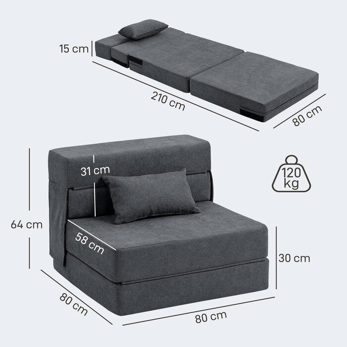 HOMCOM 3-in-1 Sleeper Chair, Foldable Sleeper Sofa with Bed Function, Lumbar Pillow, Reclining Chair with Flannel Look, Chaise Lounge for Living Room, Dark Grey | Aosom