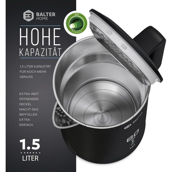 Balter Stainless Steel Kettle with Temperature Setting, 40°C-100°C, Double-Walled, BPA-Free, 1.7L, Black, WK-5-Touch (5 Temperature Levels, LCD)