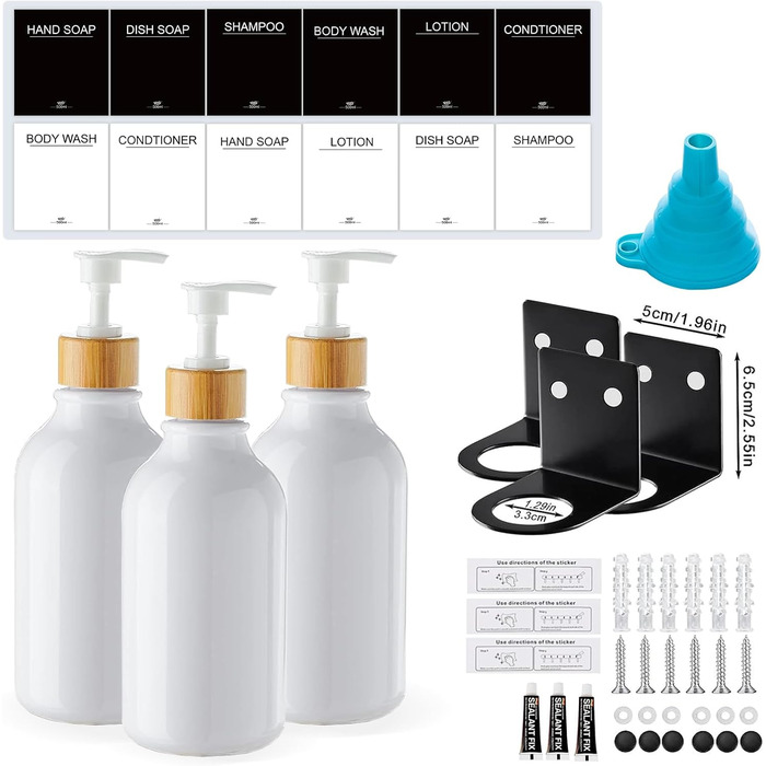 Wall-Mounted Soap Dispenser Set (No Drilling Required), 3-Pack 500ml Soap Dispenser, Wall Shampoo Dispenser, Shower Dispenser, Dish Soap Dispenser, Shampoo Dispenser for Kitchen, Bathroom (White)