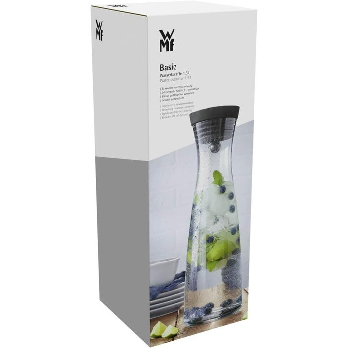WMF Basic Water Carafe 1.5 Liter, Glass Carafe with Lid, Silicone Lid, CloseUp Closure