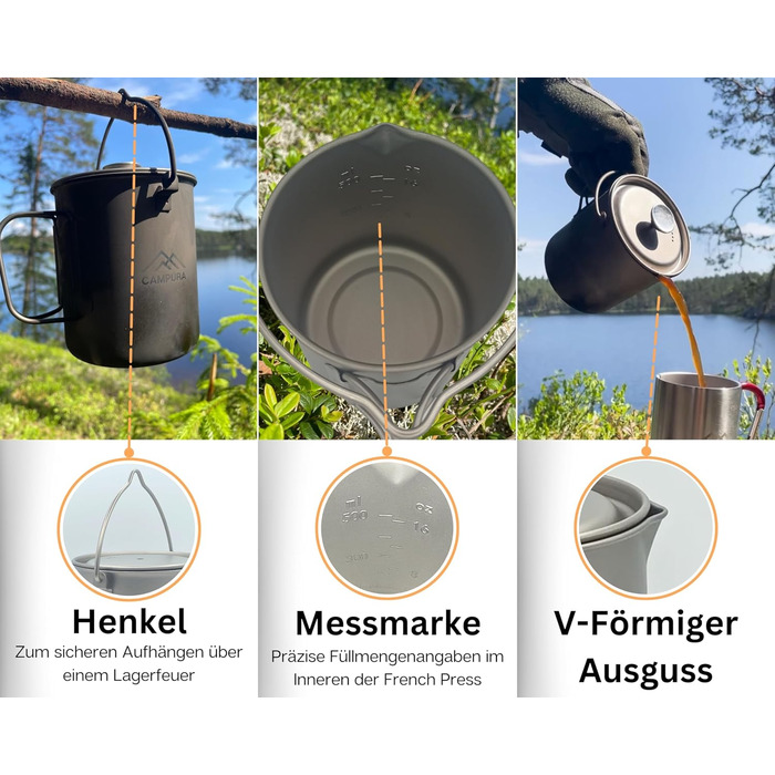 Титанова френч-прес 750 мл - Ultraleicht & Robust - Титановий посуд для приготування кави для кемпінгу, трекінгу та відпочинку на природі