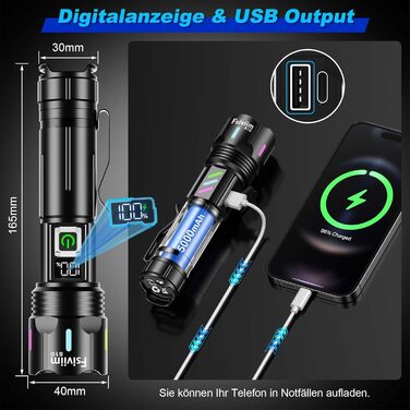 Ліхтарик LED акумуляторний, 500 000 люмен, тактичний, з регулюванням фокусу, 5 режимів, для кемпінгу, матовий чорний