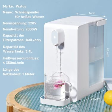 Hot water dispenser, instant water dispenser, filtered and heated water dispenser. Includes 3 filter cartridges. Filters water to reduce limescale, chlorine, lead, and copper in tap water.