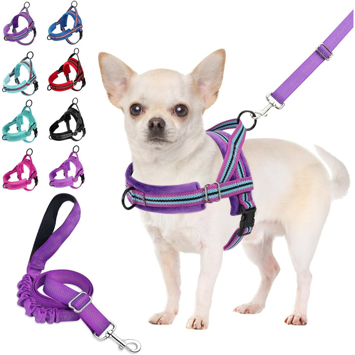 Шлейка для собак SlowTon з поводом, анти-тягуча, регульована, світловідбиваюча, для цуценят, собак малих та середніх порід, зелена (XXS, світло-фіолетова)