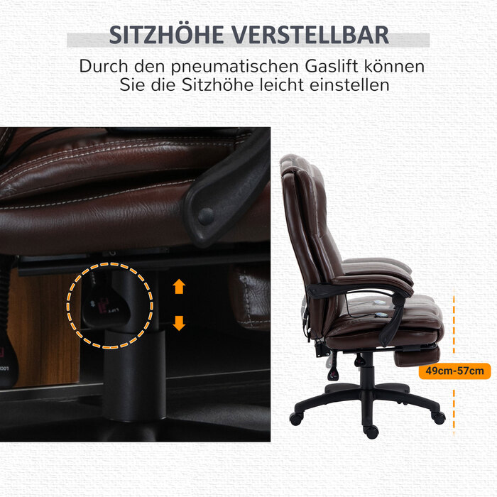 Vinsetto Adjustable Swivel Chair with Footrest, Headrest, Massage Function, Faux Leather, 68.5x68.5x113-121cm, Brown