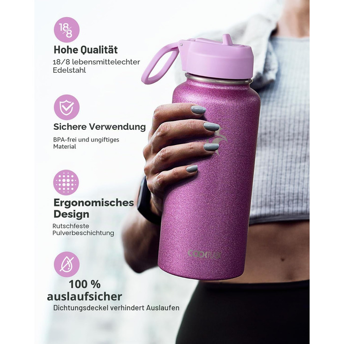 Термофляга Coolflask 946 мл з трубою та 3 кришками, вакуумна пляшка для води з нержавіючої сталі для спорту та подорожей, Glitter Pink