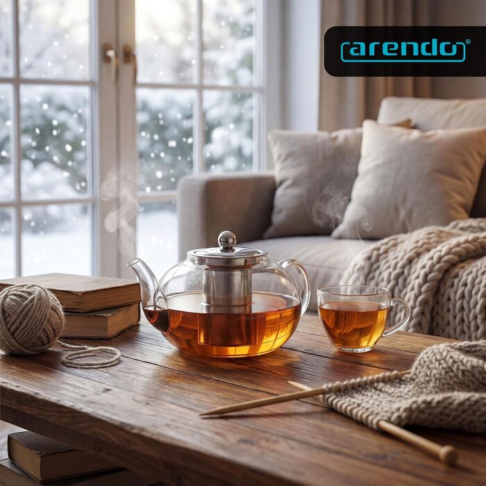 Скляний чайник Arendo з ситечком з нержавіючої сталі, боросиликатне скло, 1200 мл, термостійкий для листового, трав'яного та фруктового чаю
