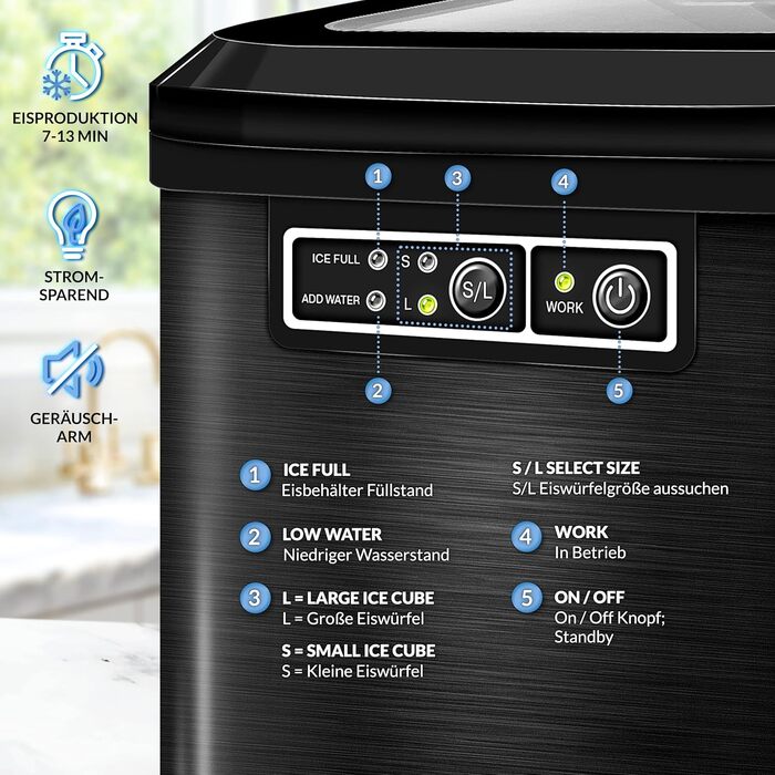 Tillvex Stainless Steel Ice Maker - 12kg Capacity, 24-Hour Production | 2.2L Water Tank, LED Display, Self-Cleaning & 2 Ice Cube Sizes (Black)