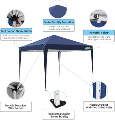COBIZI Pop-up Pavilion 3x3, Folding Pavilion 3x3 Waterproof, Stable, Winterproof |8x Pegs|4x Wind Rope|UV Protection 50+|High-Density Tarpaulin| Pavilion Folding 3x3m Party Tent Folding Pavilion 3x3 Garden Pavilion (Navy Blue, 3x3m with 4 Side Walls)