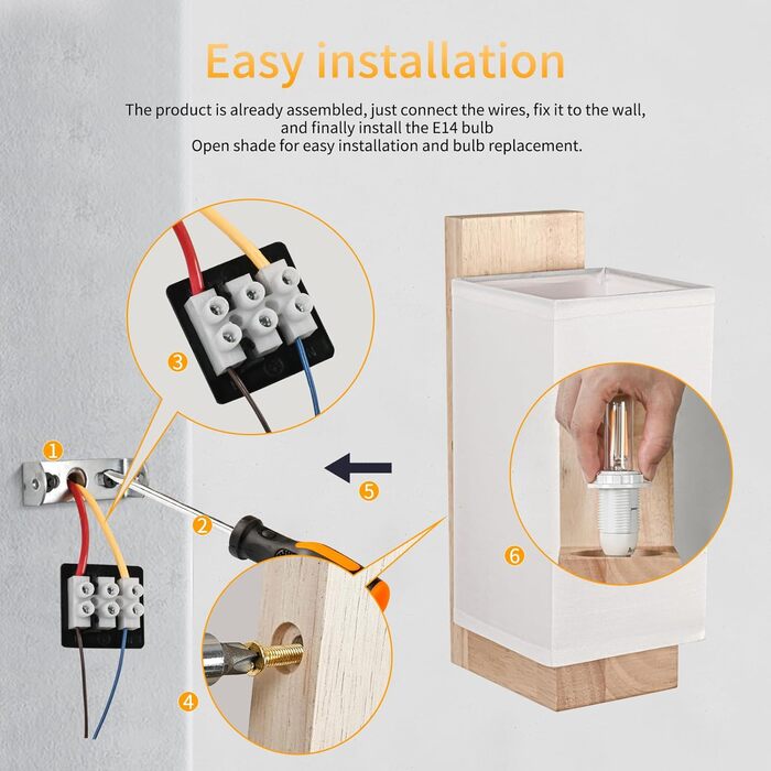 Настінний світильник Gleonlux з дерева, вінтажний стиль, E14, тканинний, для дому, індустріальний, для сходищ, вітальні, спальні, коридору, квадратний (10x12x25)