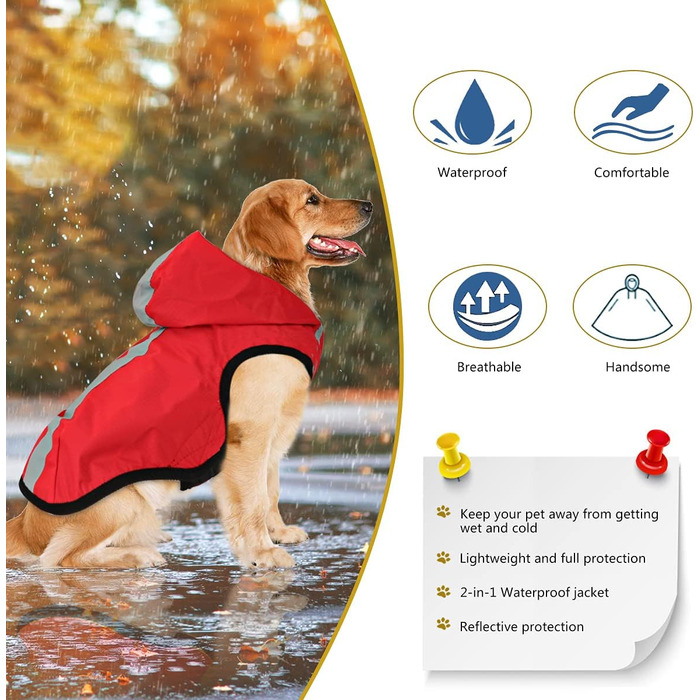 Idepet Waterproof 2-in-1 Rain Jacket for Dogs, Lightweight Overall for Dogs with Hood, Breathable Rain Poncho with Hood and Reflective Strip for Small, Medium, Large Dogs (2XL, Red) 2XL Red