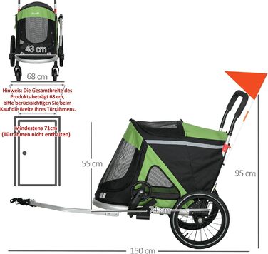 PawHut 2-в-1 Причіп для собак, візок для собак/бігунів з поводком, візок для собак з відбивачами та амортизаторами, для середніх собак до 20 кг, Oxford-тканина, зелений