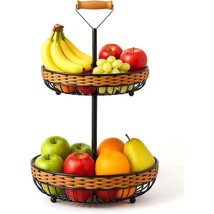 Двоярусний кошик для фруктів LEEJARD з синтетичного ротангу, знімний піддон, чорний (H:45 Dm:29 см)
