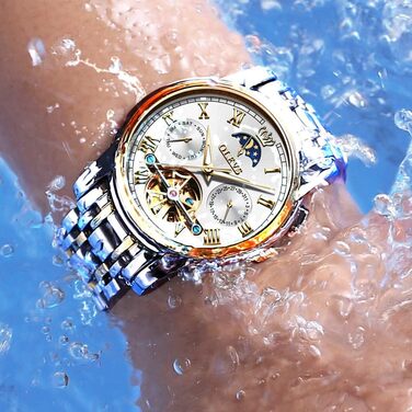 Набір автоматичних механічних годинників для пари OLEVS: чоловічий та жіночий, з календарем та фазами місяця, двоколірний дизайн, сріблясті