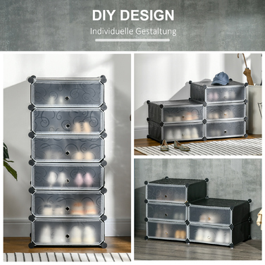 HOMCOM Shoe Rack Storage Box DIY Stackable Shelf for 6 Pairs of Shoes, Plastic/Steel, Black+White, 49x36.5x108cm | Aosom