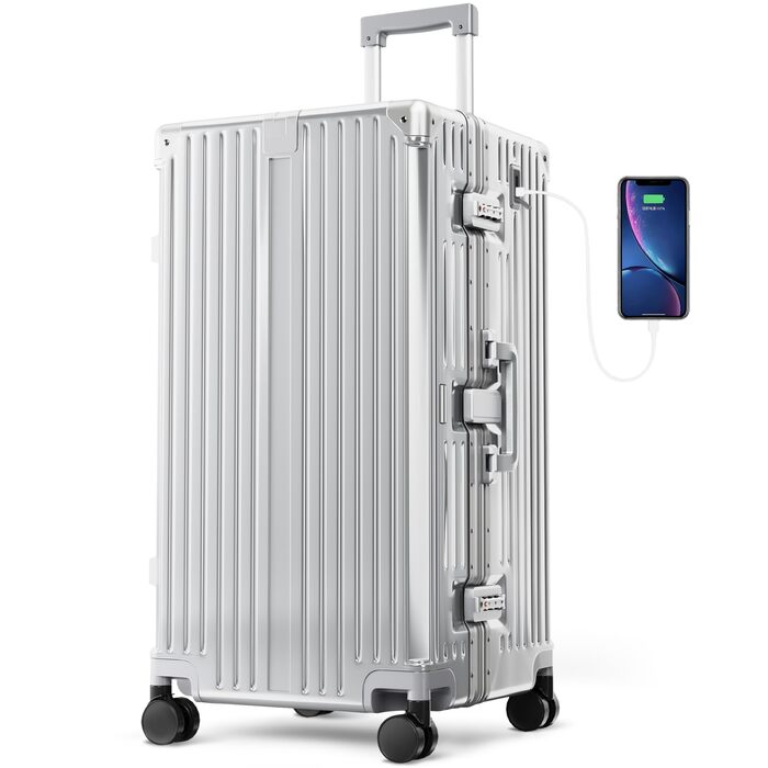 Чемодан ALPHA CAMP Trunk-XL (30 дюймів) з алюмінієвим каркасом та полікарбонатною оболонкою, TSA-замок, 93L, срібний