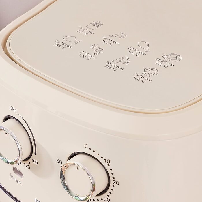 Аерофритюрниця InnovaGoods Vintage 6,5 л, 1700 Вт, з віконцем, антипригарний кошик, таймер, 360° циркуляція повітря, понад 100 рецептів, для 4-6 осіб, кремова