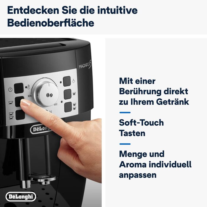 De'Longhi Magnifica S ECAM 22.110.B Fully Automatic Coffee Machine with Milk Frother for Cappuccino, featuring Espresso Direct Select Buttons and a Rotary Control, 2-Cup Function, 1.8 Liter Water Tank, Black/Silver with Chrome Finish