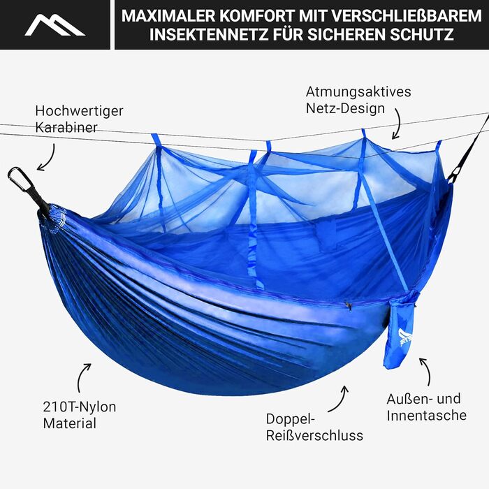 Гамак для кемпінгу MSports Premium Ultraleicht з москітною сіткою | 250 кг, дихаючий, кобальтово-синій