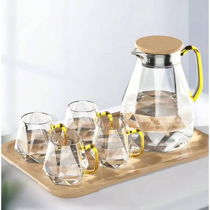 DUJUST Glass Giraffe with Lid, 2 Liters, with 4 Cups, 1 Tray, Water Pitcher in a Modern Diamond Design, Decoration for the Living Room, Heat-Resistant Glass Pitcher for Iced Tea/Milk/Coffee